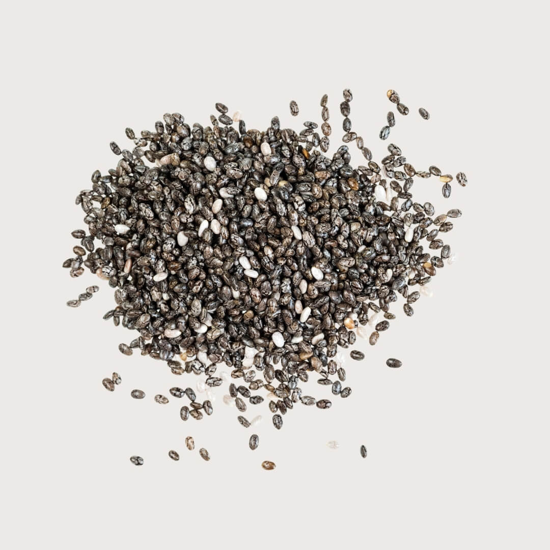 Pile of chia seeds on a light gray background