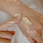 Spreading Reign Moisturiser onto hand. Text surrounding indicates benefits of the product.