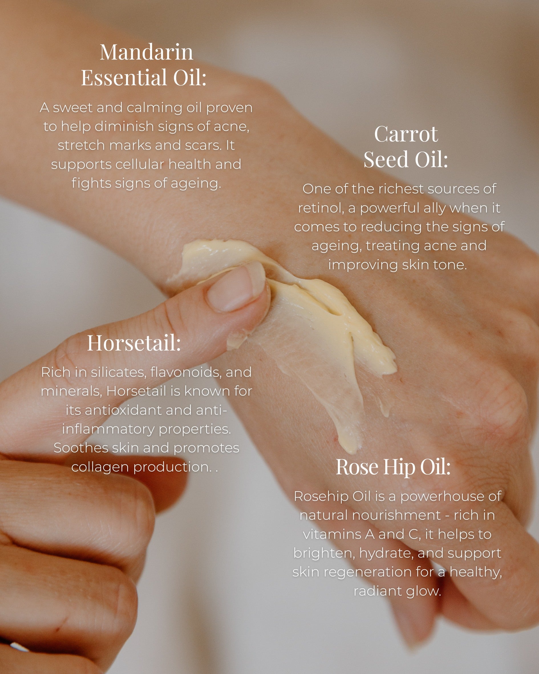Spreading Reign Moisturiser onto hand. Text surrounding indicates benefits of the product.