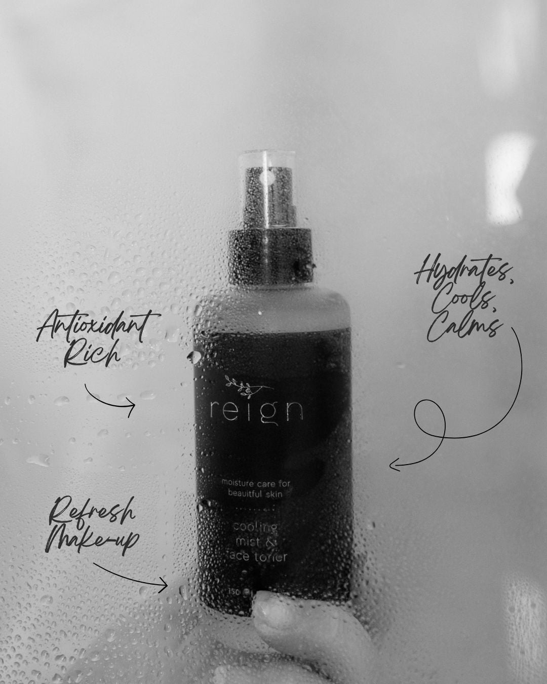 Bottle of 'reign' cooling mist held against a foggy glass background. Handwritten notes surrounding the product that highlight the benefits of the product.