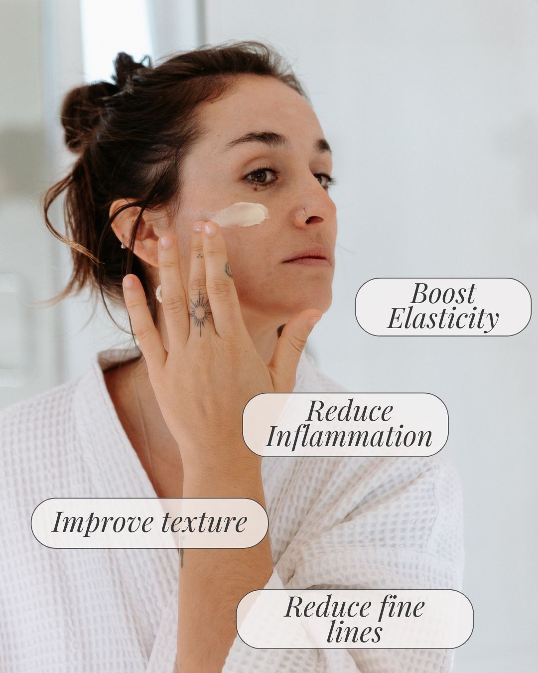 Woman applying Reign Moisturiser to her face with text indicating benefits