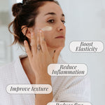 Woman applying Reign Moisturiser to her face with text indicating benefits