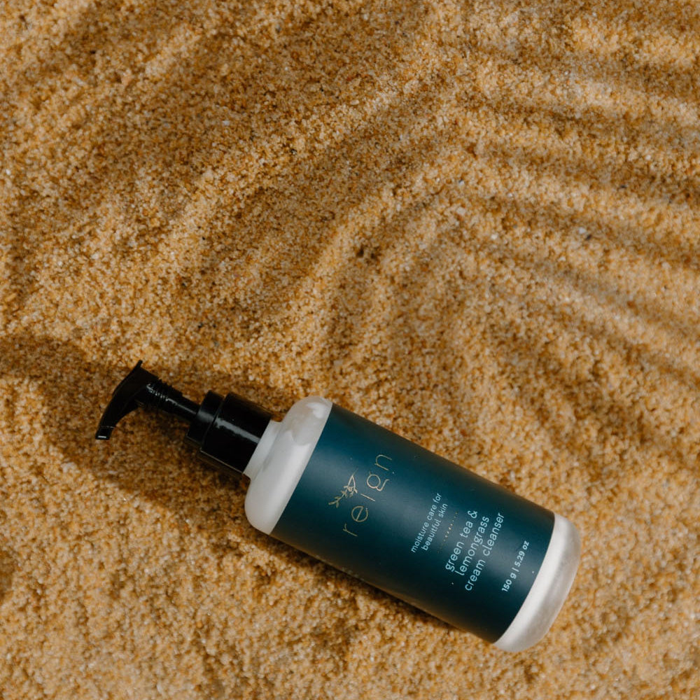 Reign green tea and lemongrass cleanser on sandy nelson beach